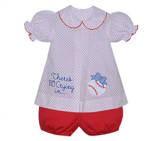 Girls Embroidered and applique Baseball Bloomer Set- No Crying