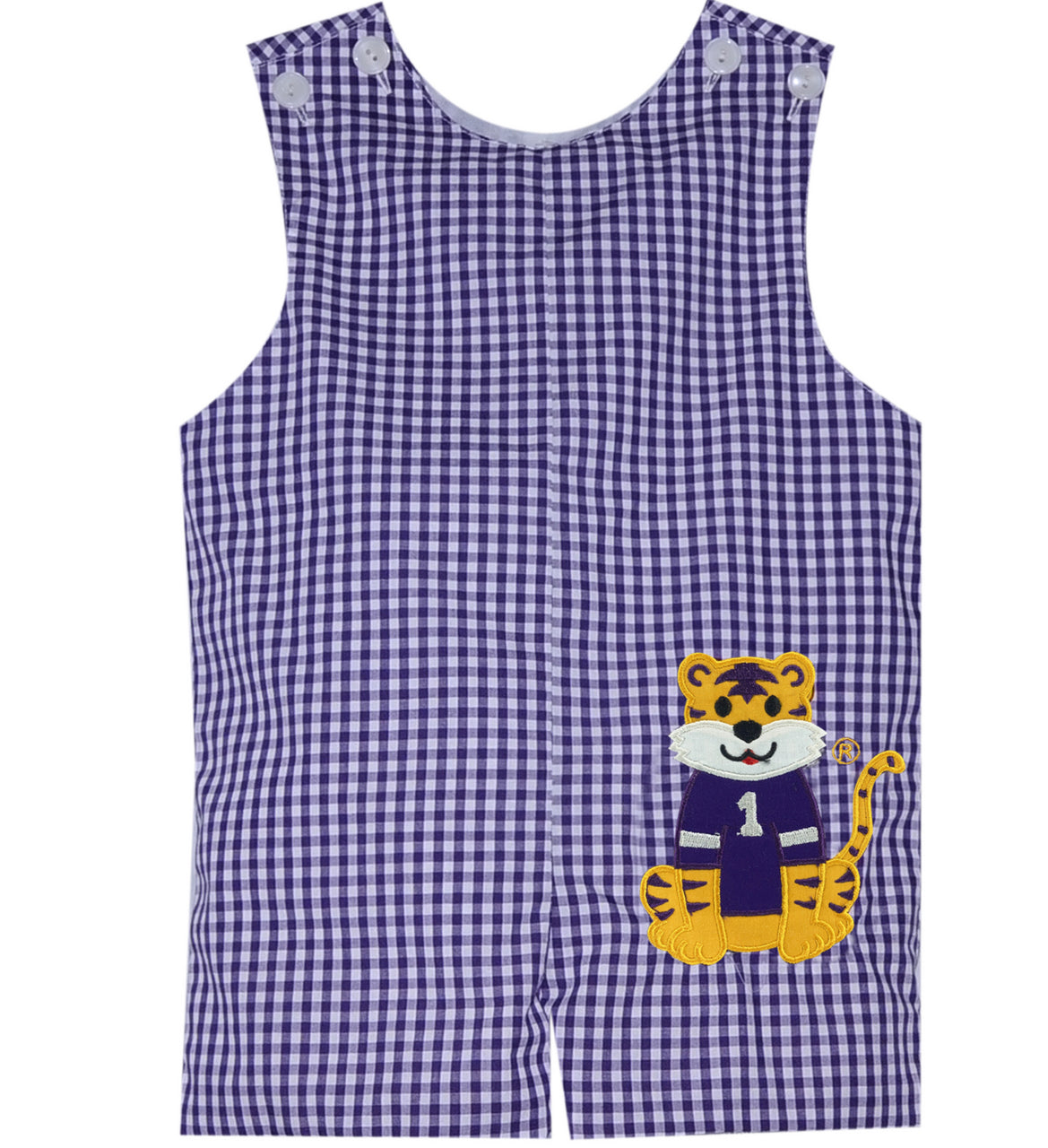 LSU TIGER applique Shortall- purple/gold