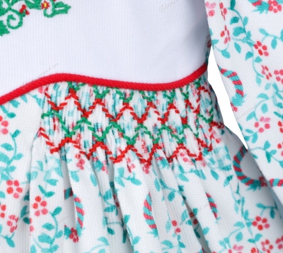 Christmas pattern print hand smocked long sleeves bubble