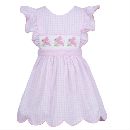 Pink window pane hand smocked bunny  dress