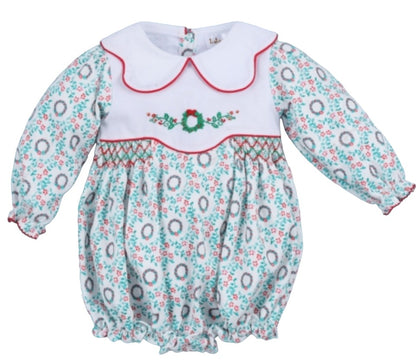 Christmas pattern print hand smocked long sleeves bubble