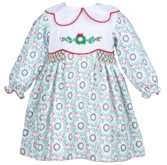 Christmas pattern  hand smocked long sleeves dress 