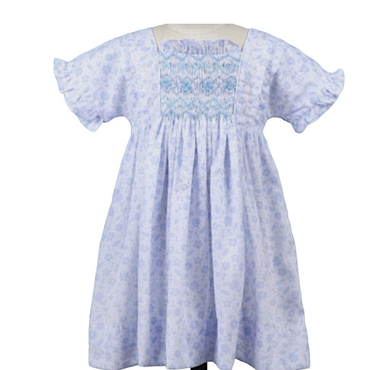 Handsmocked Blue and White floral Dress