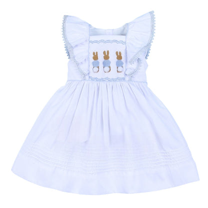 White Handscmocked Ruffle Bunny Dress