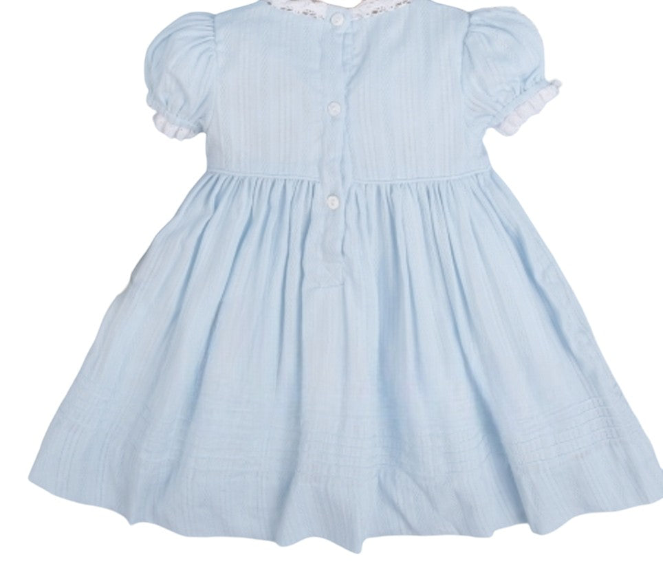 Embroidered rabbit light blue linen girl dress