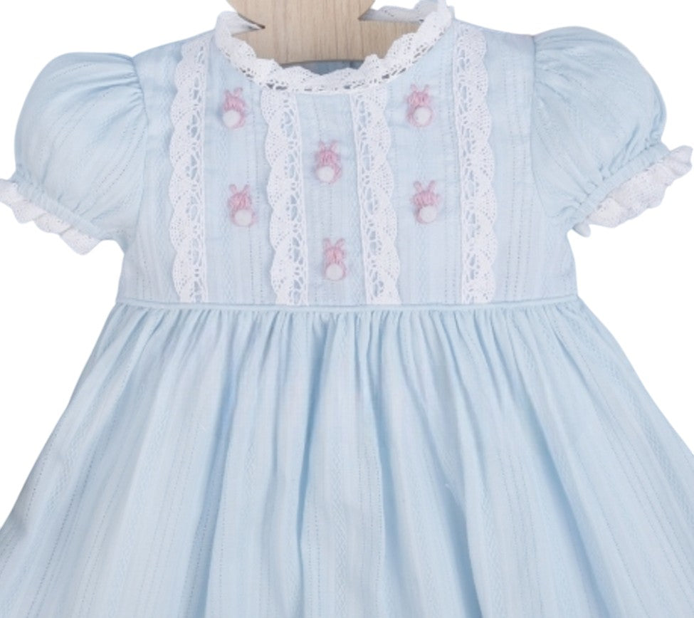 Embroidered rabbit light blue linen girl dress