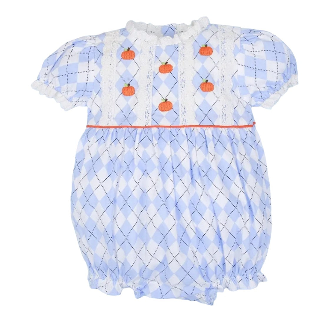 WHITE AND BLUE ARGYLE PUMPKIN ROMPER
