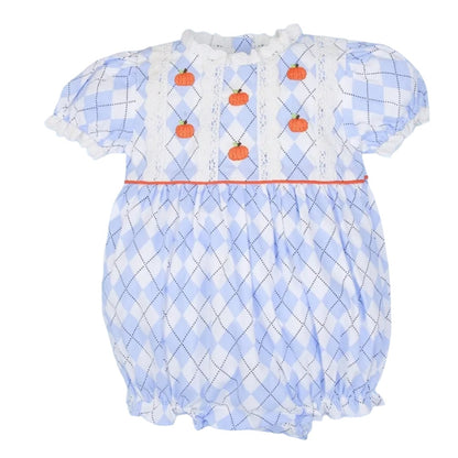 WHITE AND BLUE ARGYLE PUMPKIN ROMPER