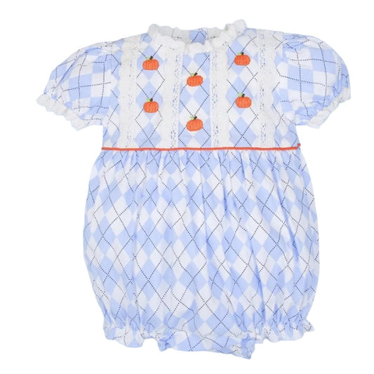 WHITE AND BLUE ARGYLE PUMPKIN ROMPER