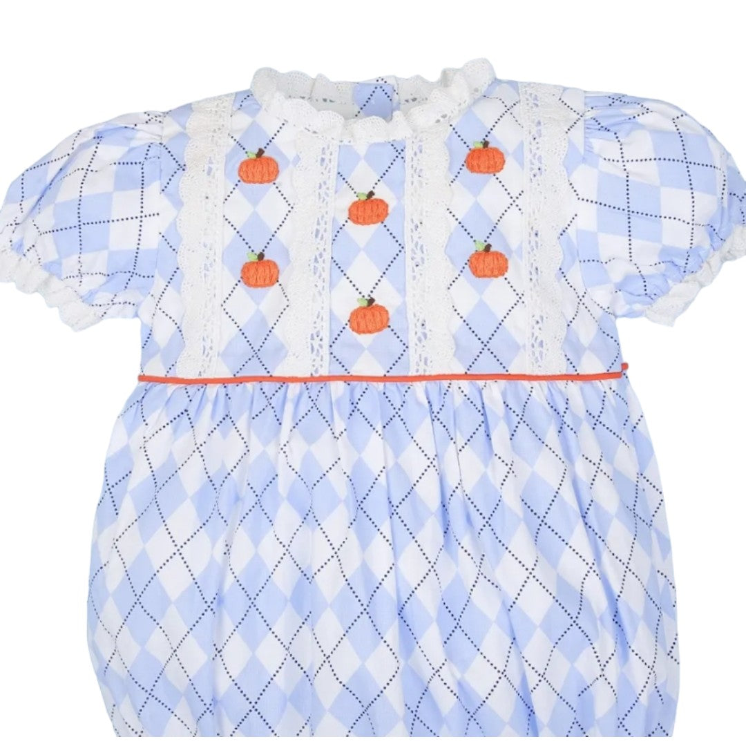 WHITE AND BLUE ARGYLE PUMPKIN ROMPER