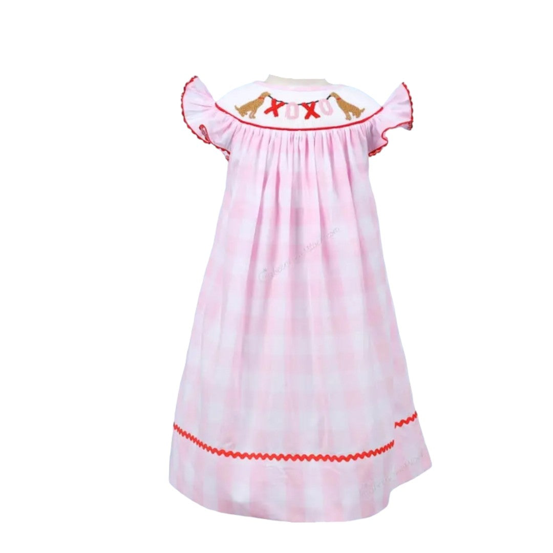 GIRLS SMOCKED DOG XOXO CHECK DRESS-Pink and Red