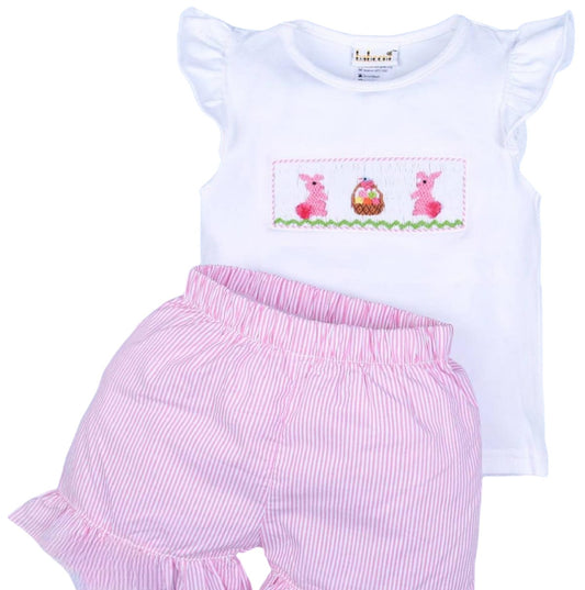 Bunny Girl Handsmocked  Seersucker Short Set