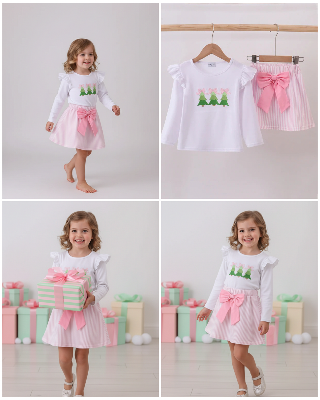 PINK CHRISTMAS TREE EMBROIDERY SKORTS SET