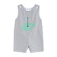 Toddler wearing Gray Gingham Shortalls with golf appliqué and adjustable buttons