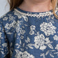 Grey Floral Printed Neck & Bottom Lace Long Sleeves Gathered