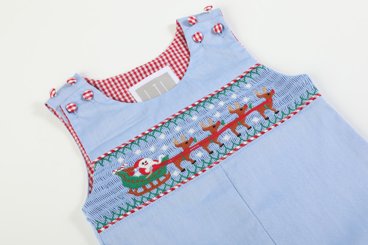 Light Blue Smocked Santa and Sleigh Overalls
