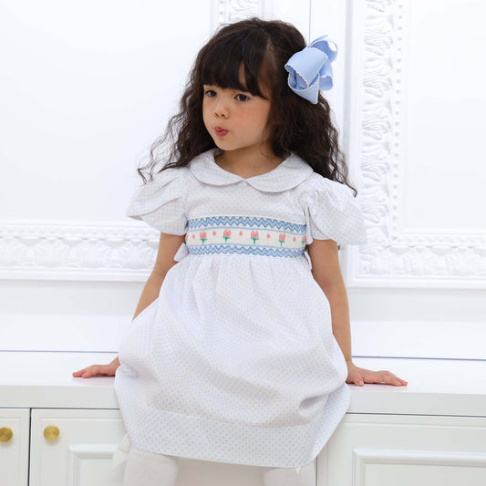 Floral and Polka Dot Hand Smocked Dress For Little Girl