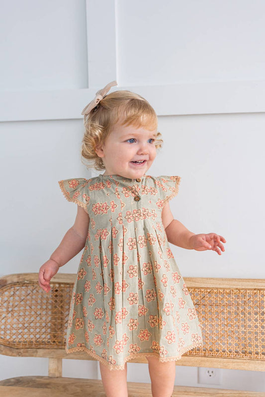 Sage-Green Floral Printed Box Pleat Dress