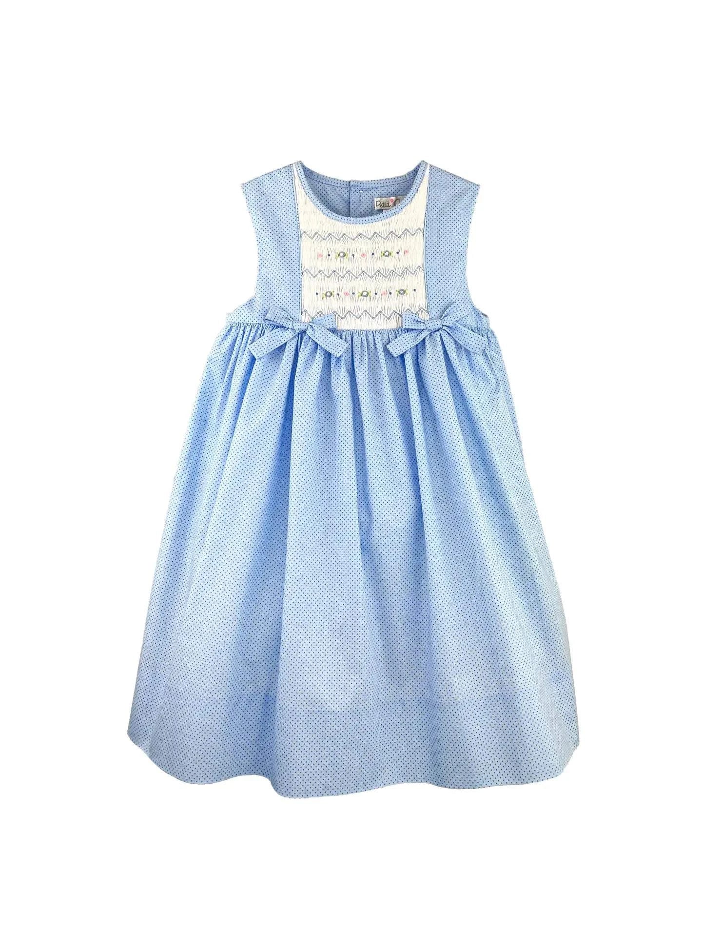 Blue Sundress with Smocked Panel and Bows