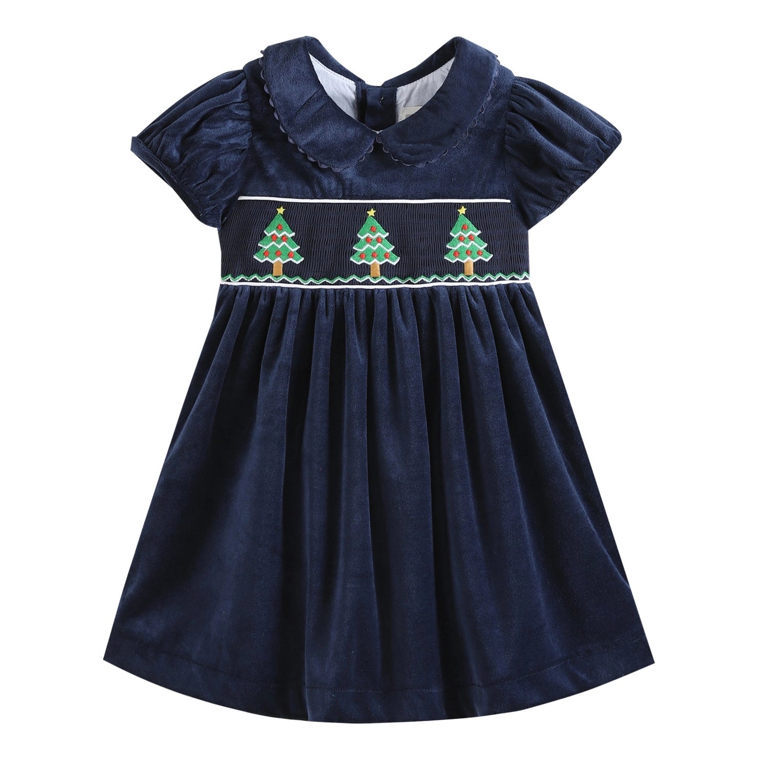 Blue Velour Christmas Tree Smocked Dress