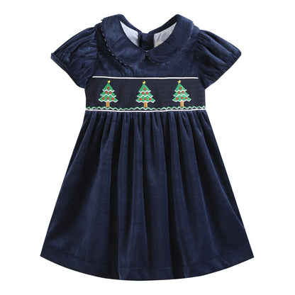 Blue Velour Christmas Tree Smocked Dress