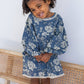 Grey Floral Printed Neck & Bottom Lace Long Sleeves Gathered