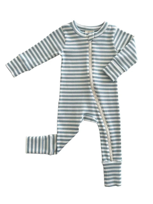 Dusty Blue Stripe / Organic Ribbed 2-Way Zip Romper