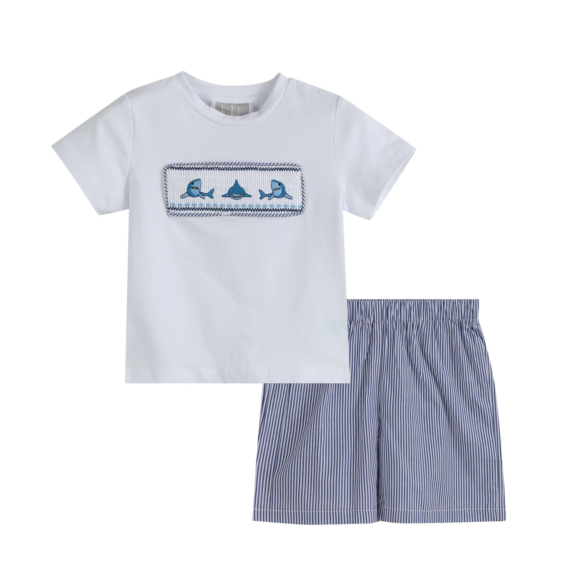 White Shark Smocked Tee and Navy Stripe Shorts Set Media 1 of 6