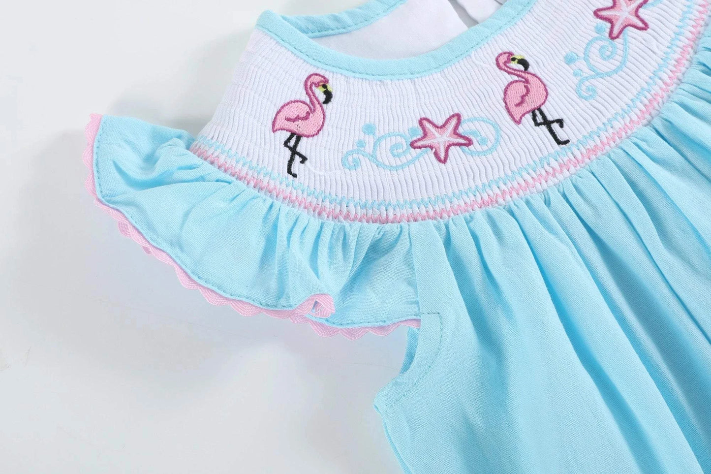 Light Blue Flamingo Smocked Flutter Romper