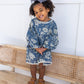 Grey Floral Printed Neck & Bottom Lace Long Sleeves Gathered