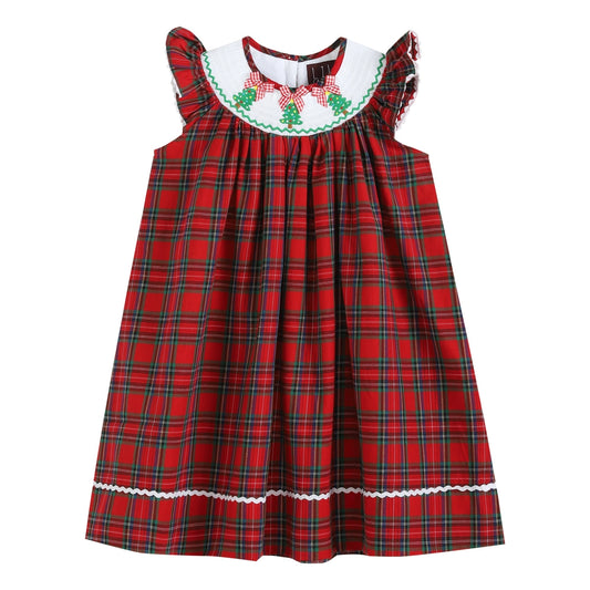 Red and Green Plaid Christmas Tree Smocked Bishop Dress