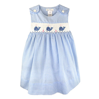 Blue Gingham WhaBlue Gingham Whale Picture Smocked Sundressle Picture Smocked Sundress