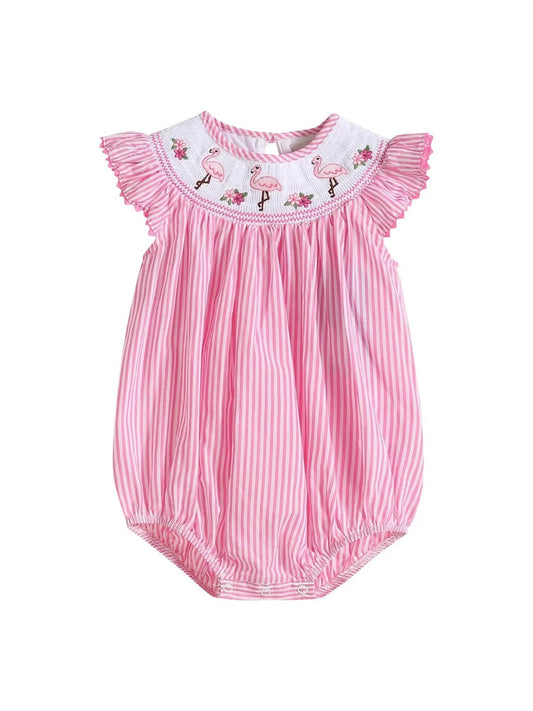 Pink Striped Flamingo Smocked Romper