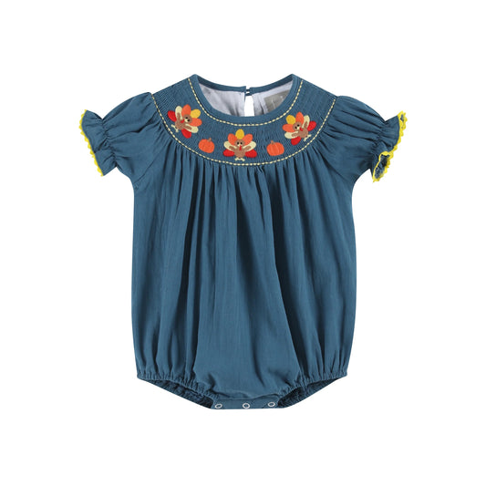 Cobalt Blue Turkey Smocked Bubble Romper