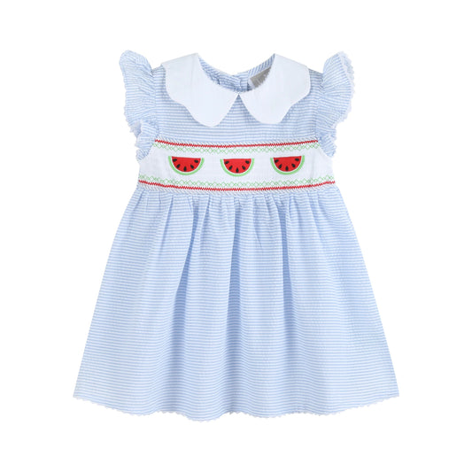 Blue Seersucker Watermelon Smocked A-Line Dress