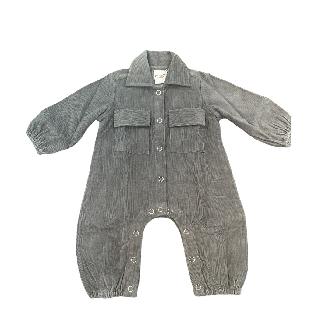 Grey Corduroy Solid Color Long Sleeve Baby Jumpsuit