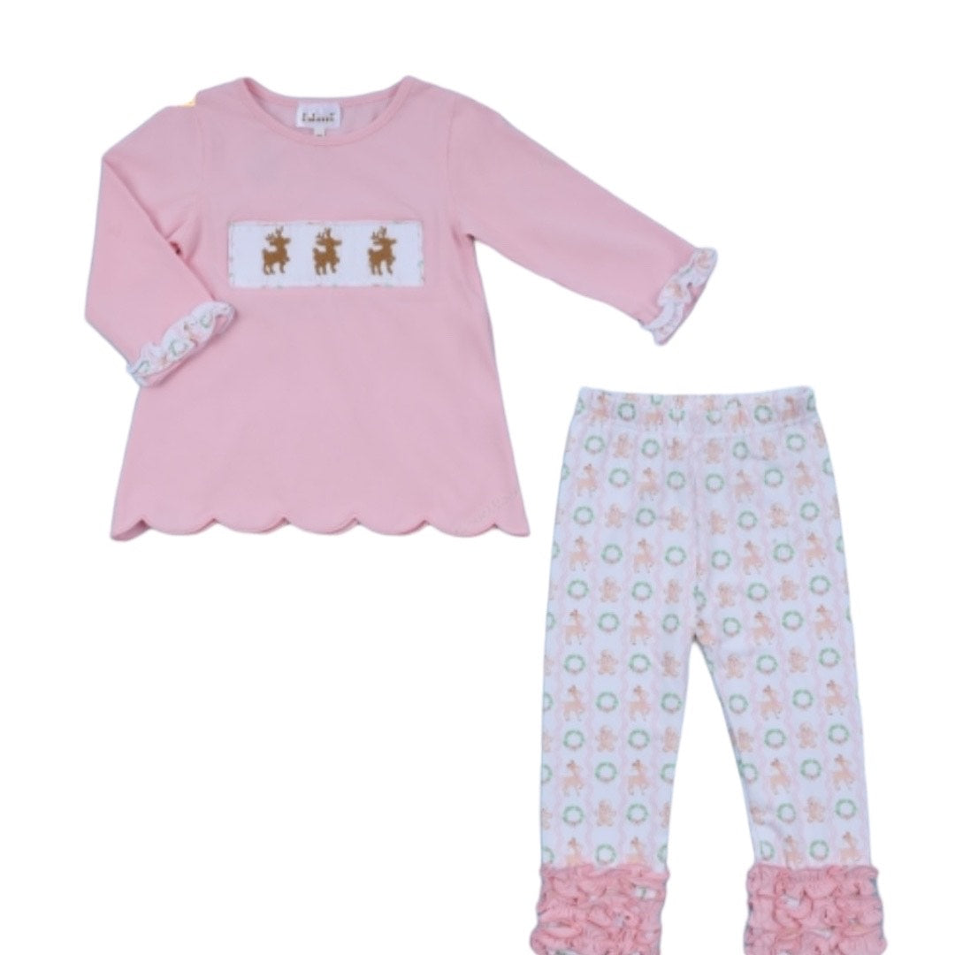 SMOCKED 2 Piece Girls Christmas Deer