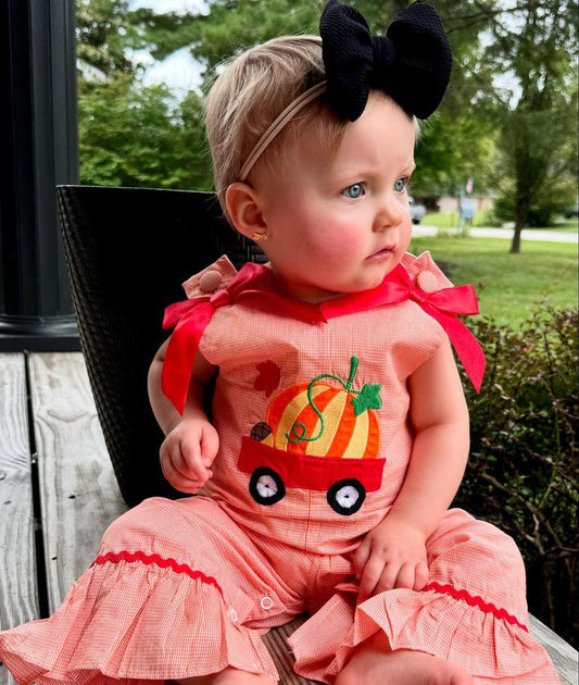 Orange Gingham Pumpkin Bow Accent Overalls