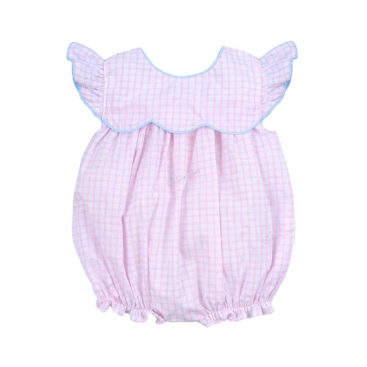 Pink gingham bubble with blue bow and piping