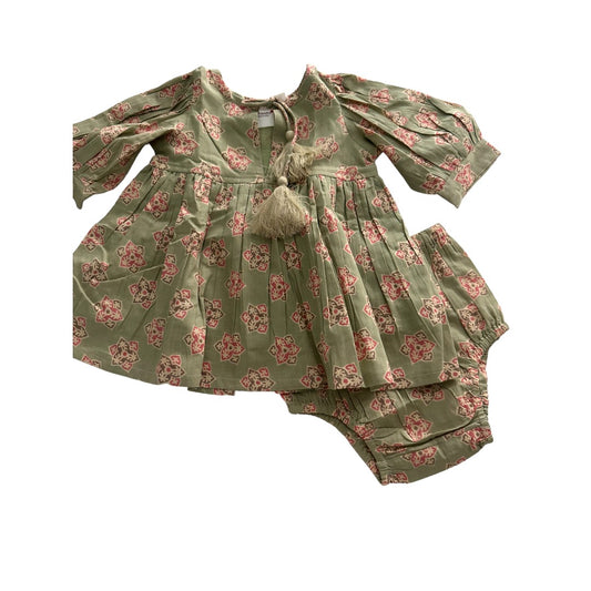 Sage-Green Floral Printed Sleeve Gathered Dress