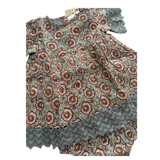 Grey Floral Printed Short Sleeves Gathered Dress