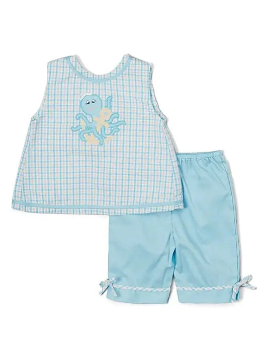 Blue Gingham Octopus Shirt & Capri Pant Set