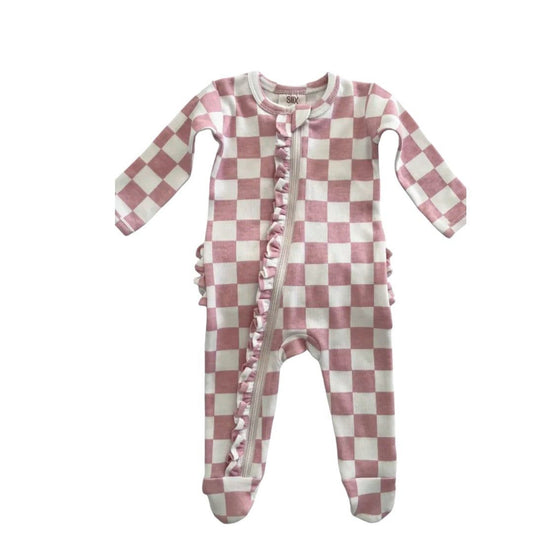 Strawberry Shortcake Checkerboard / Organic Frill Zip Footie
